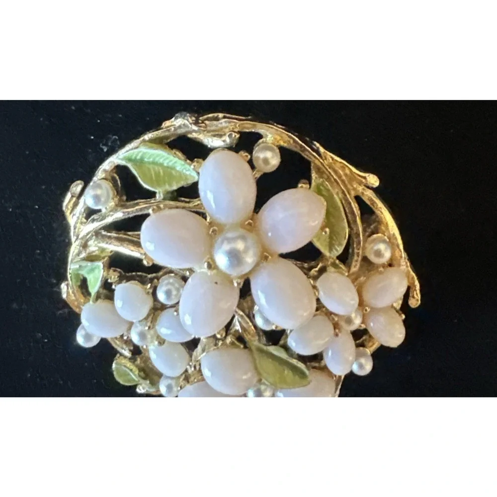 Vtg ART brooch‎ faux pearl pink flower green enamel Arthur Pepper 1960s EUC